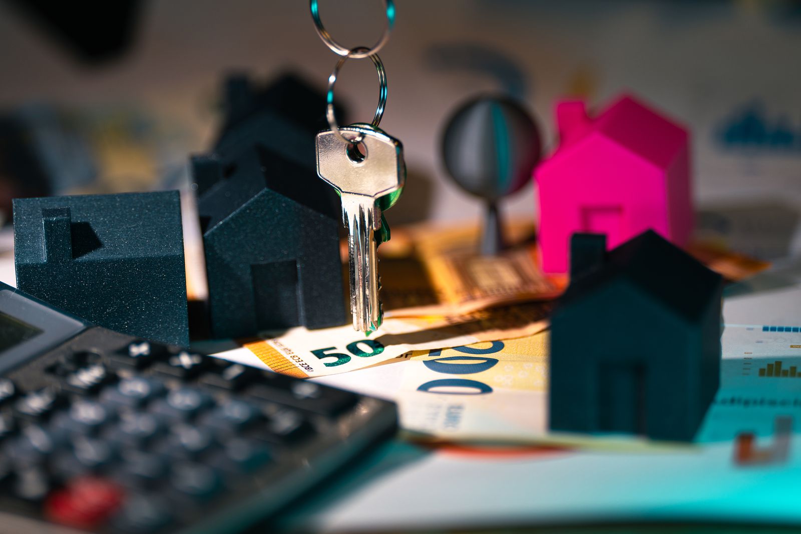 House keys and model houses on a desk, a reminder of first home buying costs